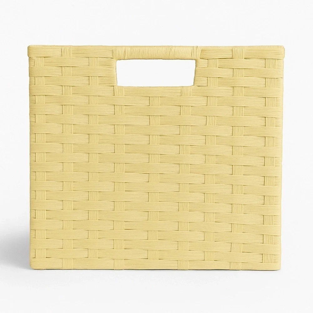Yellow Woven Cord Tote Basket With Handles
